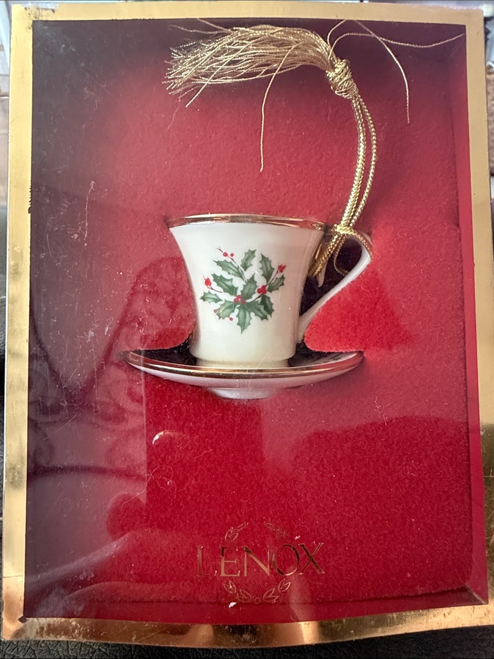 Holiday Holly Teacup Ornament with Gold Tassel